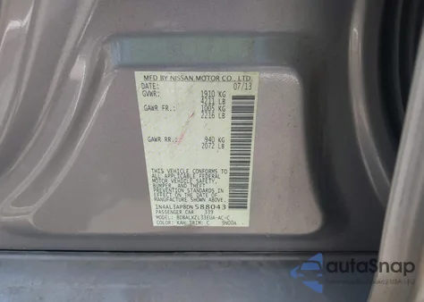 2013 Nissan Altima 2.5 Sl из США, поврежденный, VIN 1N4AL3AP8DN588043